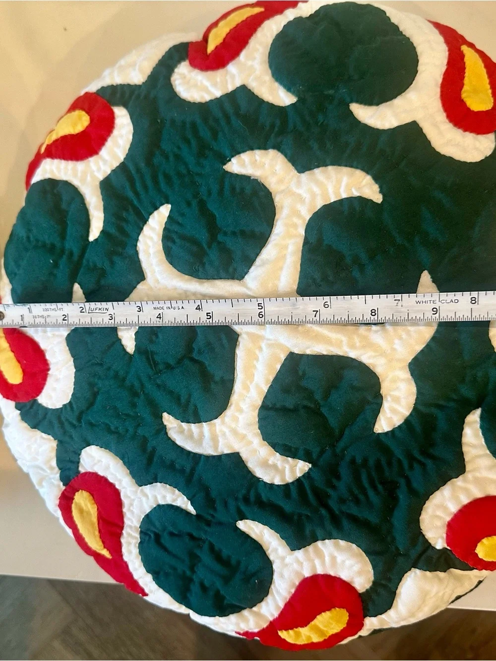 Handmade Quilted Round Quilted Throw Pillow Pair in Dark Green, White & Red